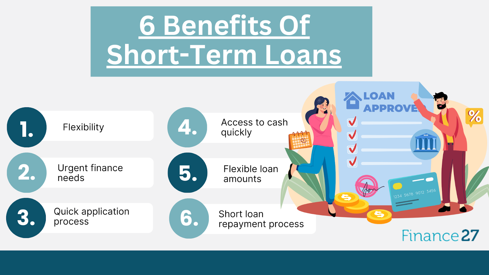 Original infographic which states the 6 Benefits Of Short-Term Loans: flexibility, urgent finance needs, quick application process, access to cash quickly, flexible loan amounts, and short loan repayment process.